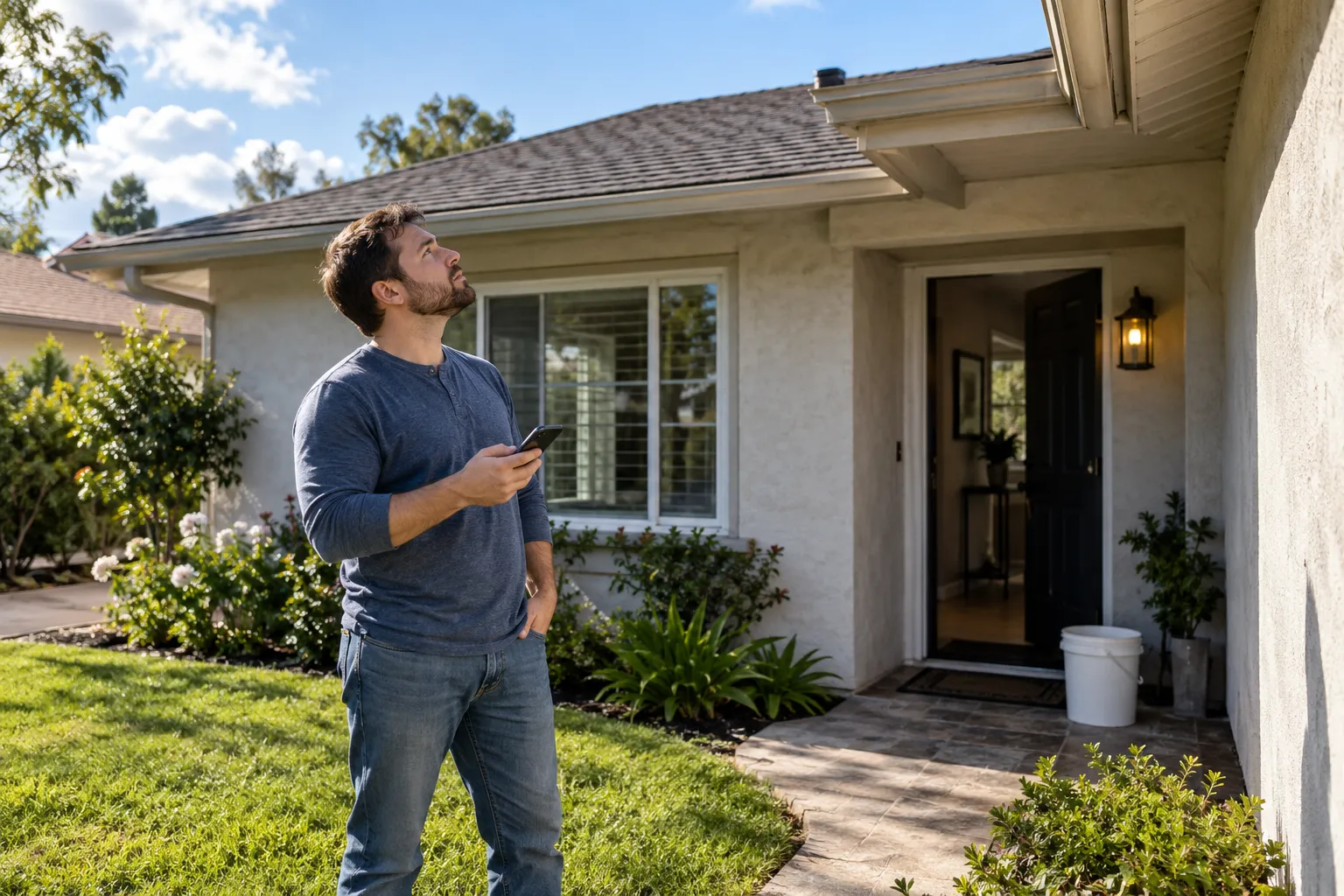Homeowner checking the roofline of a stucco ranch home from the yard in the Woodside area